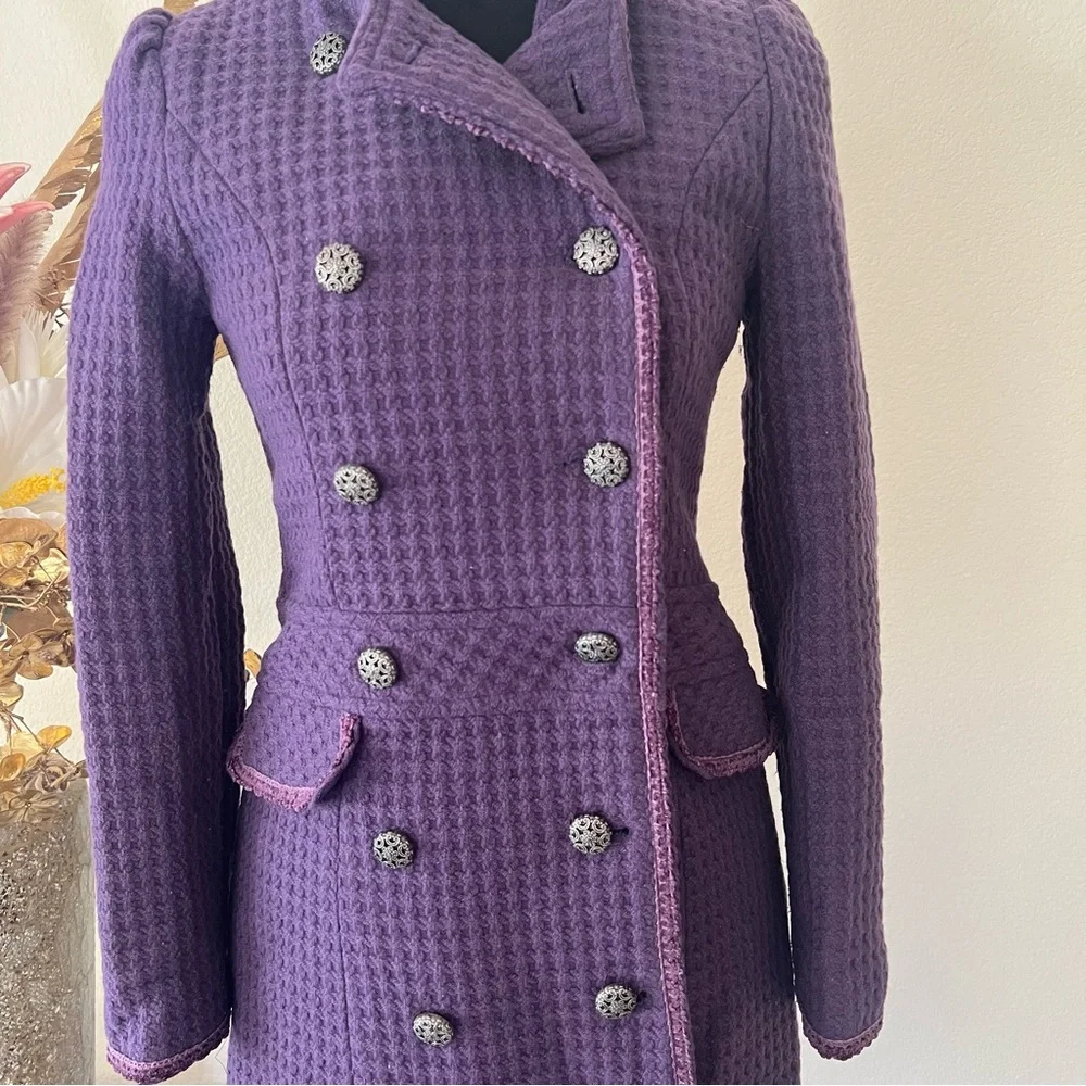 Purple Double Breasted Long Coat w Textured Waffle Knit Pattern Ornate Buttons - Picture 2 of 11